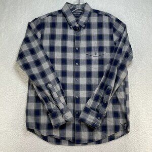 American Eagle Long Sleeve Mens Medium Slim Fit Black Gray Plaid Flannel Shirt